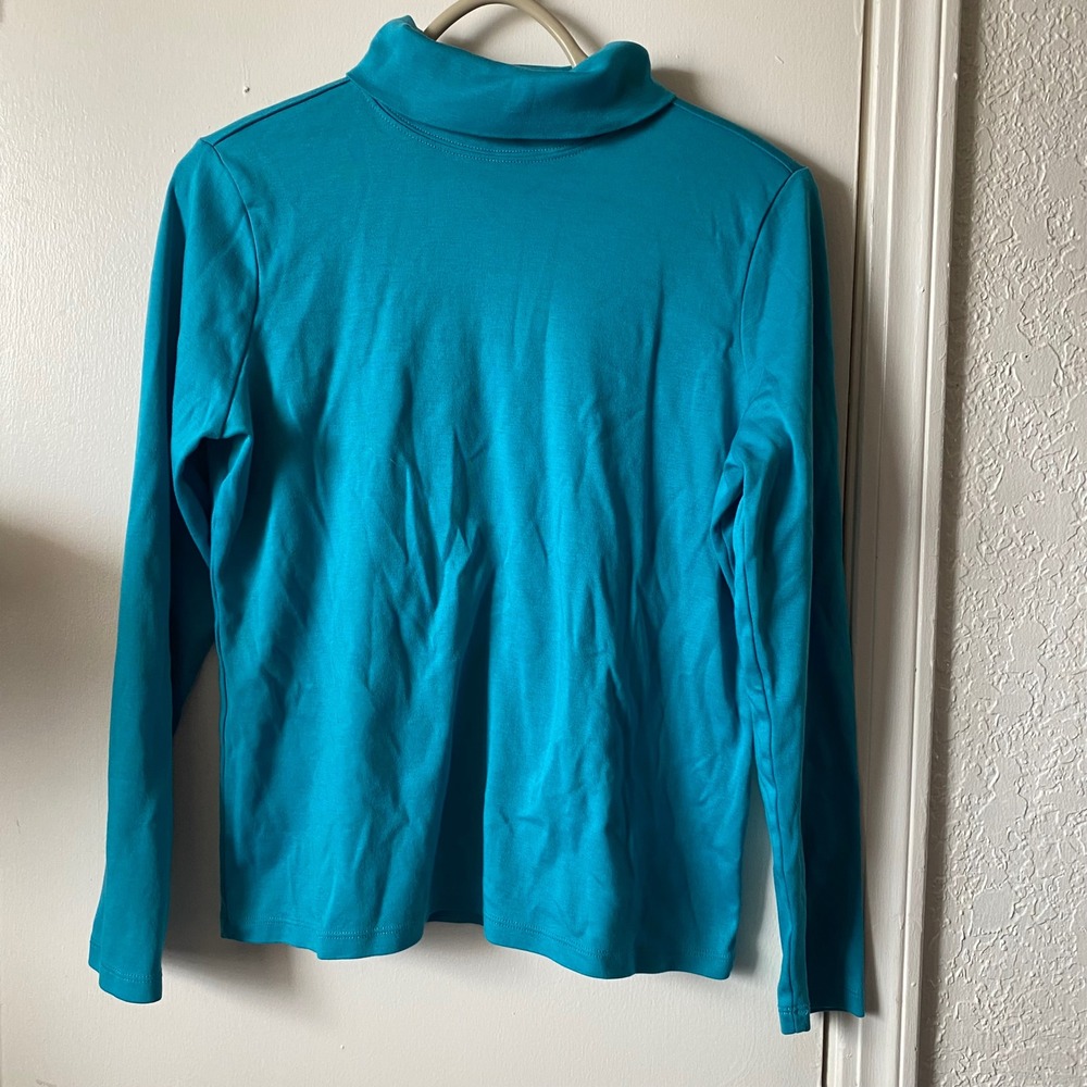 LL Bean Supima Cotton Turtleneck Top Teal Blue Long Sleeve Misses Medium 214949